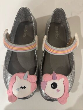 Mini Melissa Silver Glitter Mary Janes with Pink Unicorn Appliqués